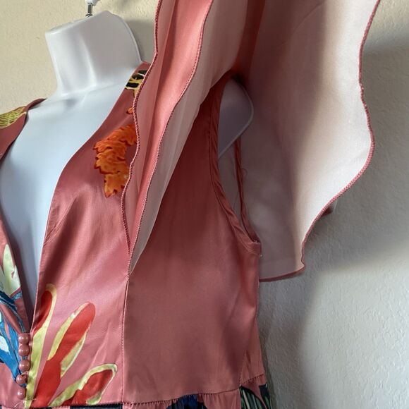 Pink Satin Button Up Maxi Ruffle Sleeve Tiered Dress M Tropical Animal Print Art - Picture 6 of 16